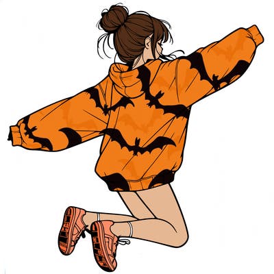 realistic girl jumping with a bun and oversized sweatshirt