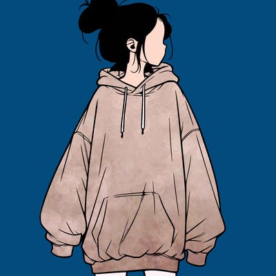 realistic girl with a oversized sweatshirt on and a bun
