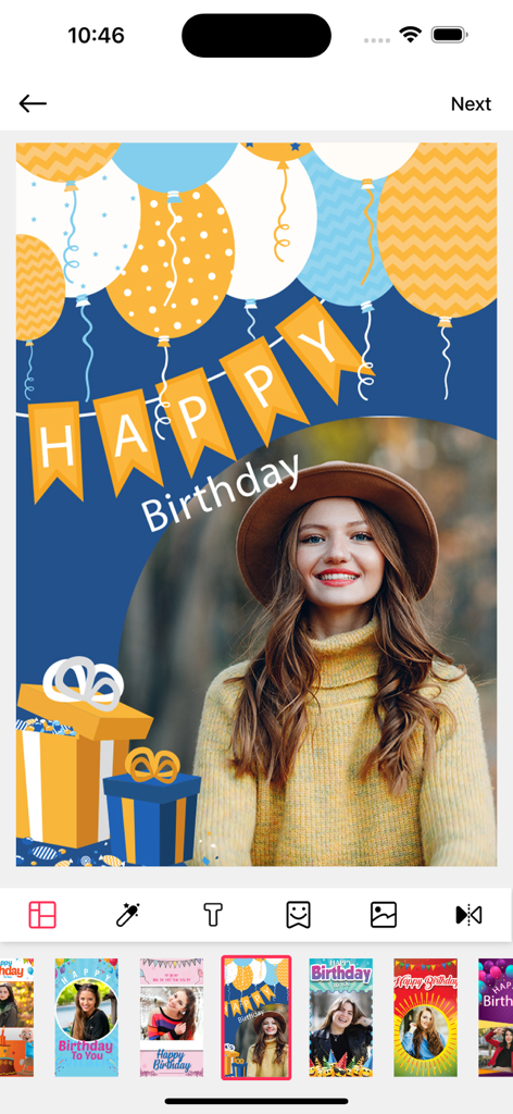 Birthday Photo Frames - Editor - A woman's photo inside a festive birthday frame with balloons, banners, and gift icons on a mobile editing app.
