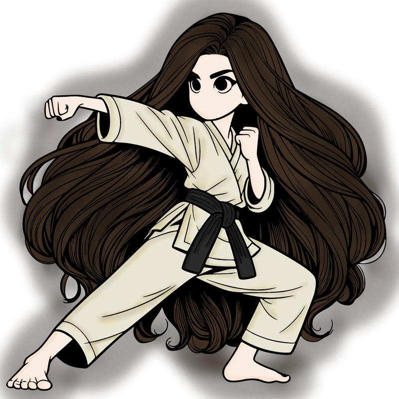 realistic girl with six feet of hair doing karate in a fighting stance with a serious face