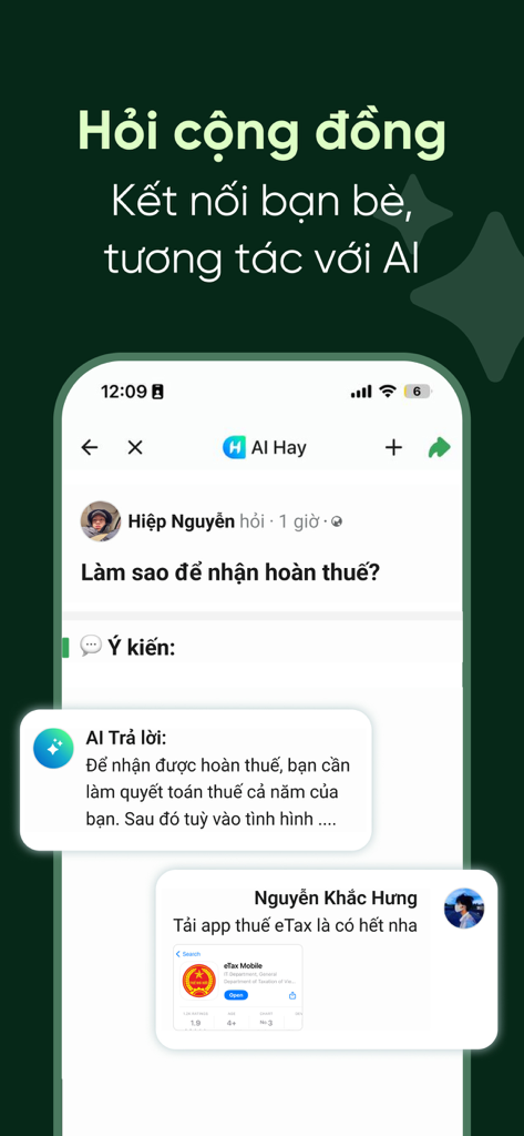 AI Hay – Smart Local AI - AI Hay app interface showing a community Q&A thread with social interactions and AI responses