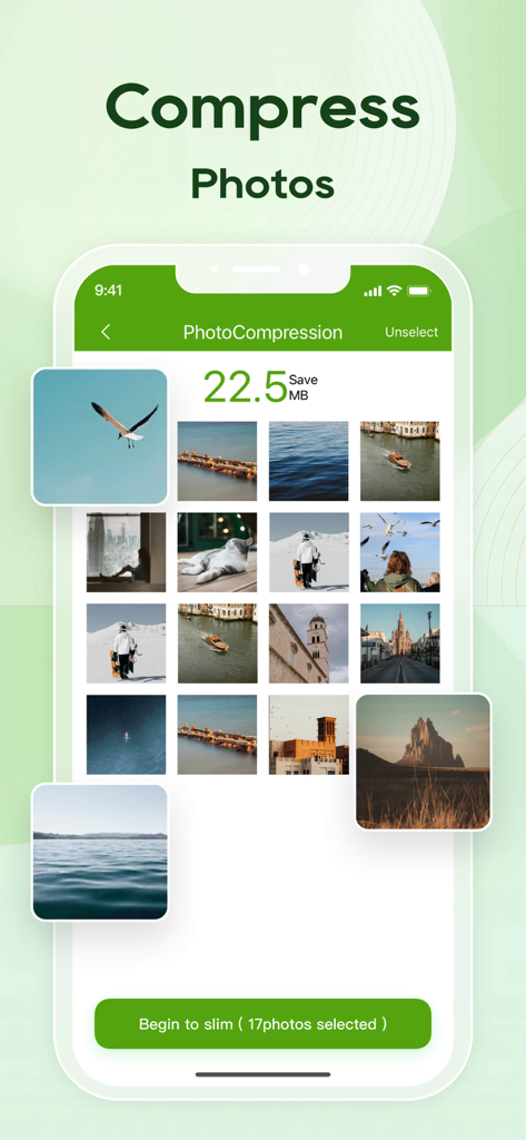 A screenshot of the MobileSecurity app showing the photo compression feature with a grid of images selected to save storage space.