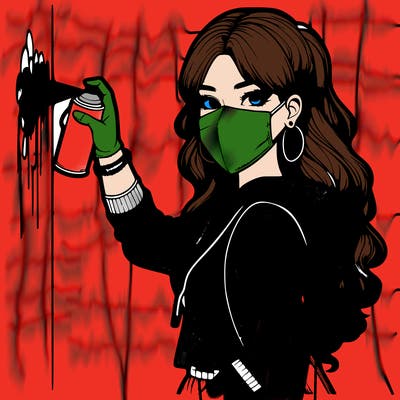 realistic girl with mask spray painting a wall