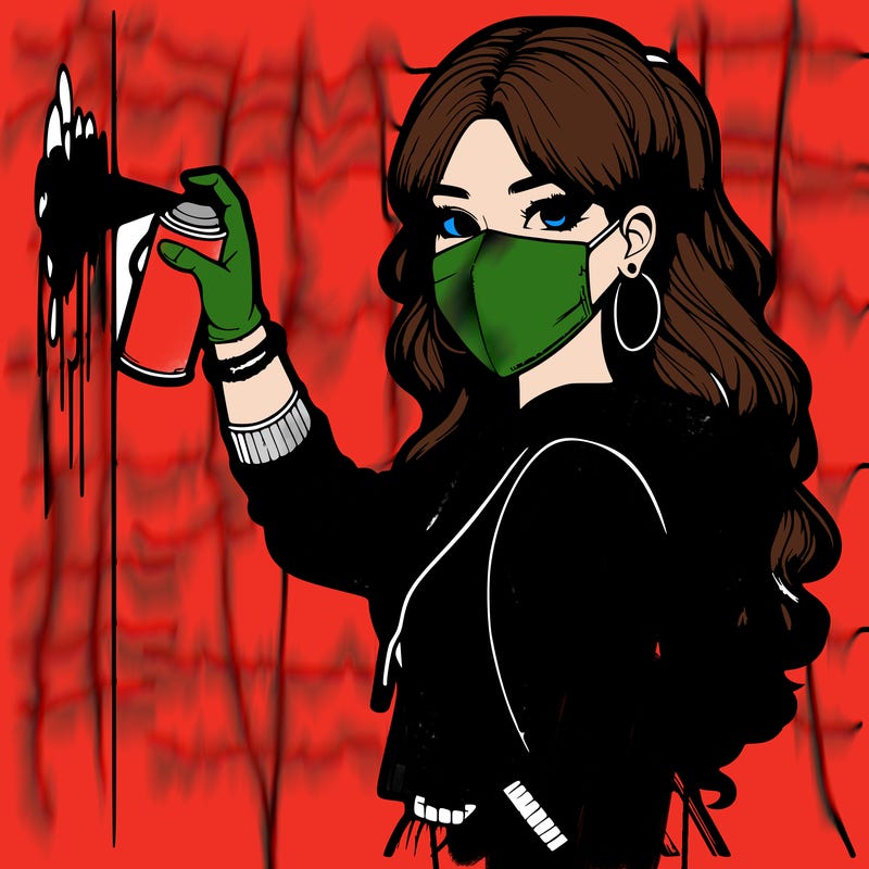 realistic girl with mask spray painting a wall