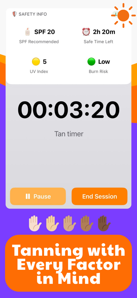 Sunglow: Safe Tanning - Interface do aplicativo Sunglow mostrando um timer de bronzeamento com recomendações de índice UV e SPF