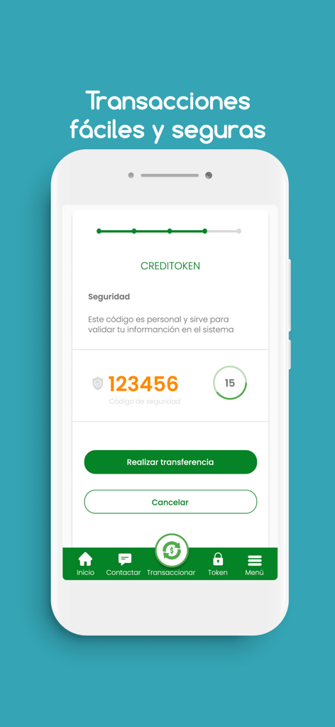 Credicorp Bank app interface showing a 6-digit security token for secure transactions.