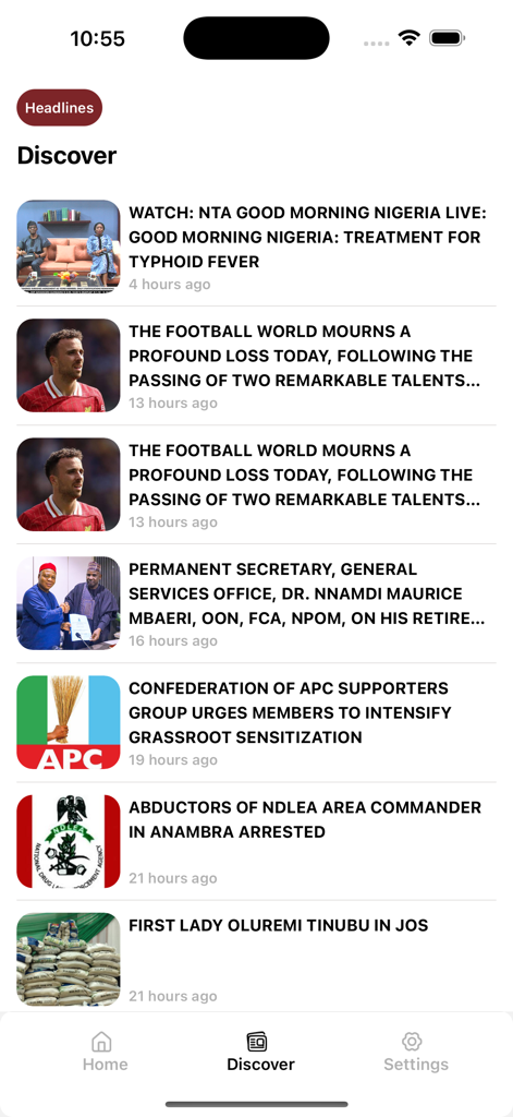 NTA News - El feed de "Descubrir" de la aplicación NTA News que muestra varios titulares de noticias nigerianas.