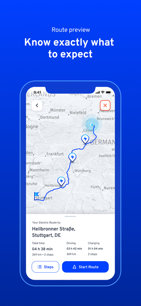 ElectricRoutes - ElectricRoutes app navigation screen showing a planned route with electric vehicle charging stops and trip duration