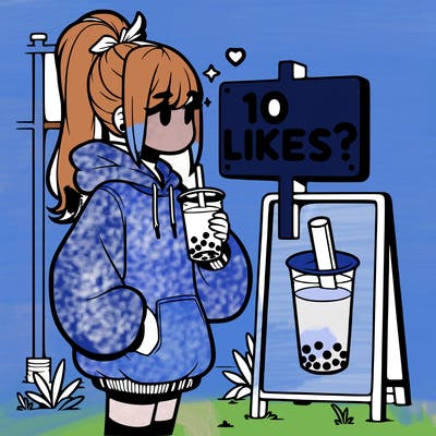 girl with oversized hoodie drinking boba and she has a high ponytail with a sign that says 10likes?