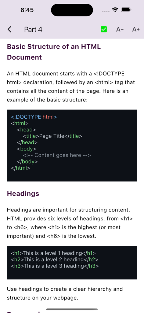 HTML & CSS For Beginners 2024 - Schermata di un'app educativa che insegna la struttura di base dei documenti HTML e i tag di intestazione con esempi di codice