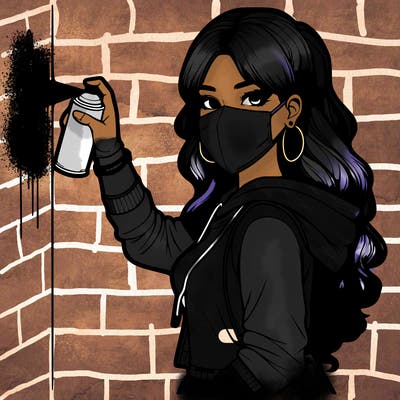 realistic girl with mask spray painting a wall