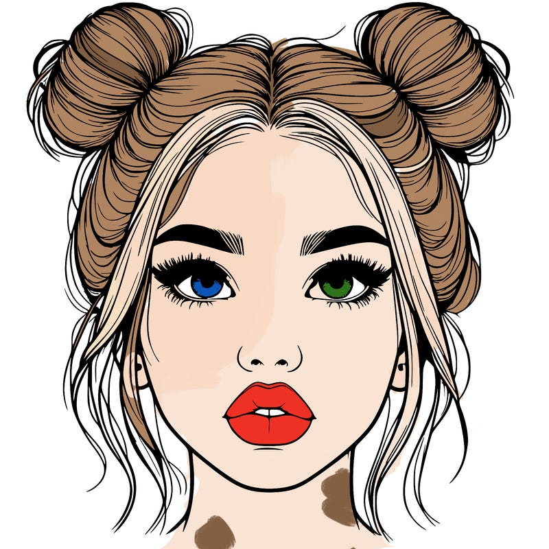realistic girl with two buns on her hair and lips