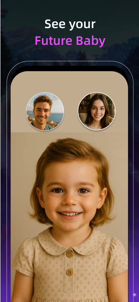 Interfaz de la aplicación Pixnova mostrando la función 'Ver tu futuro bebé' con fotos de dos padres y un retrato de IA generado de un niño