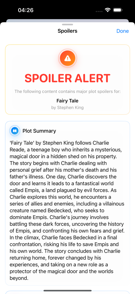 BookScan - You Scan - Mobile app screen displaying a spoiler alert and plot summary for the book Fairy Tale by Stephen King