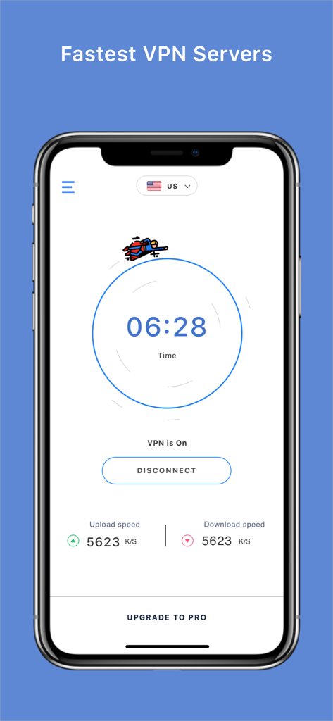 VPN Super Proxy x 360 Shield - Pantalla de smartphone mostrando una conexión VPN activa con velocidades de subida y bajada en la aplicación VPN Super Proxy.