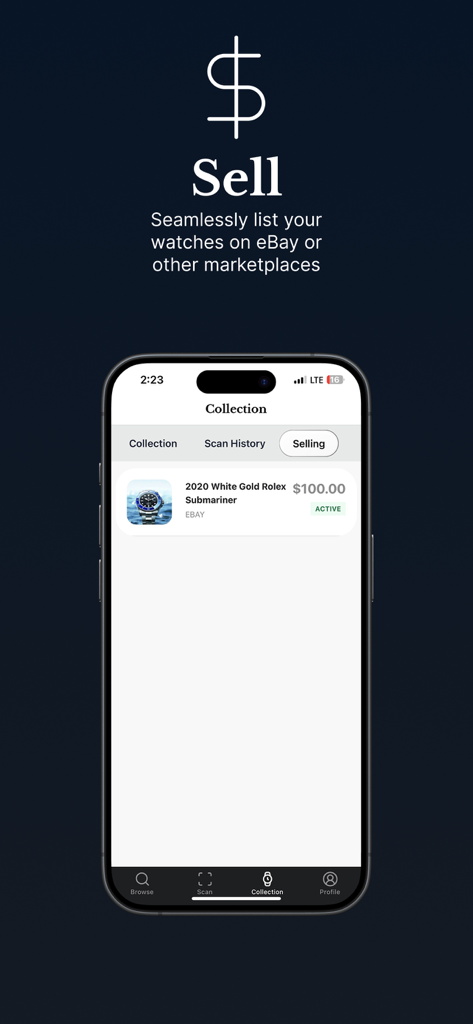 Patina AI - Watch Identifier - Screenshot dell'app Patina AI che mostra una dashboard di vendita con un annuncio attivo di Rolex Submariner per eBay.