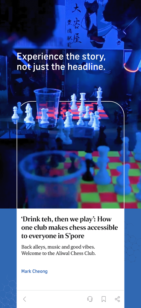 The Straits Times - A feature story in The Straits Times app about a Singapore chess club with immersive neon visuals and deep storytelling.