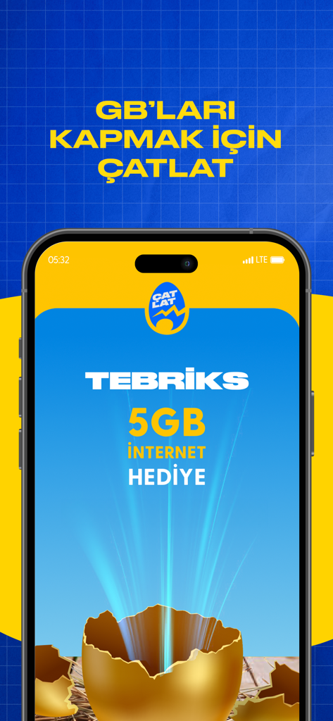 GNÇ - GNÇ 앱 화면, 5GB 무료 인터넷 선물에 대한 금색 계란 깨진 보상을 보여줌.