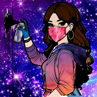 realistic girl with mask spray painting a wall