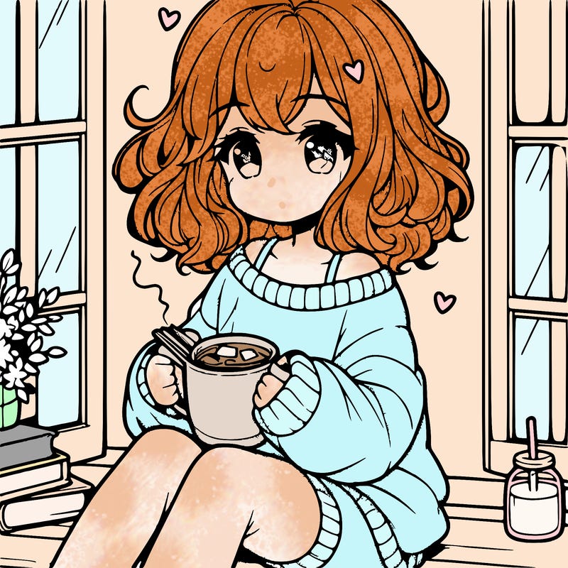cute anime girl reading book and drinking hot chocolate from mug with loose wavy hair wearing a baggy sweatshirt and shorts sitting by windowsill looking out