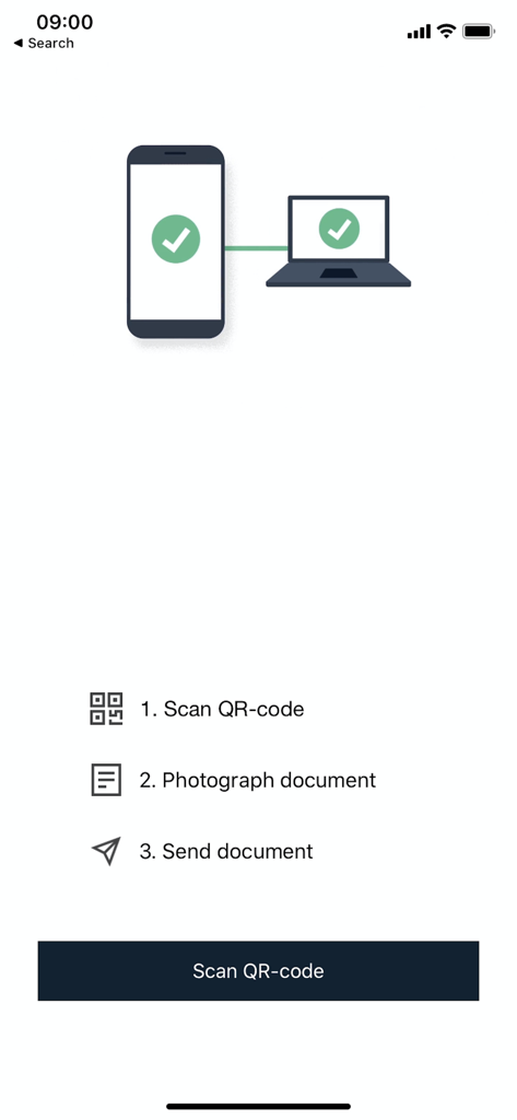 SNAP.SHARE - Interfaz de la aplicación SNAP.SHARE que muestra un proceso de transmisión de documentos de 3 pasos