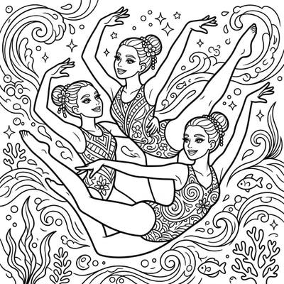 Experience the elegance of synchronized swimming with this beautiful coloring page. Designed with clear lines and engaging details, it's perfect for seniors looking for a relaxing and creative activity.