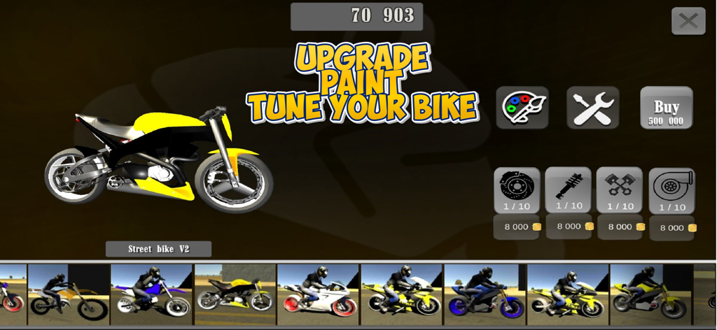 Wheelie King 3D - Menú de ajuste y mejora de motocicletas en Wheelie King 3D