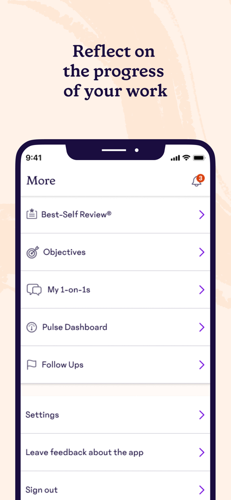 15Five mobile app interface showing the menu with performance management features like Best-Self Review and Objectives