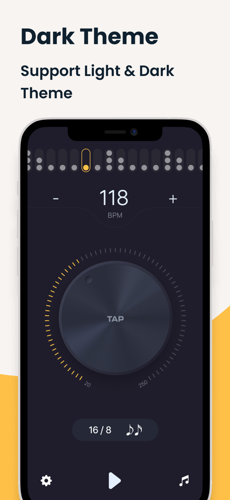 Metronome: tempo, tap, beat - Metronome Pro-App, die die Dunkelmodus-Oberfläche mit 118 BPM und Takt-Tempo-Funktion anzeigt