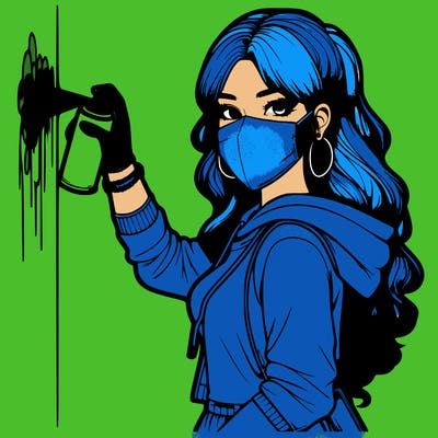 realistic girl with mask spray painting a wall