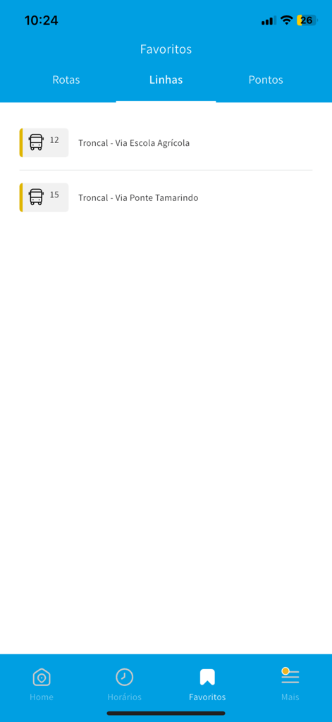 BluMob - Screenshot of the favorites section in the BluMob app displaying a list of saved bus lines for Blumenau transit.