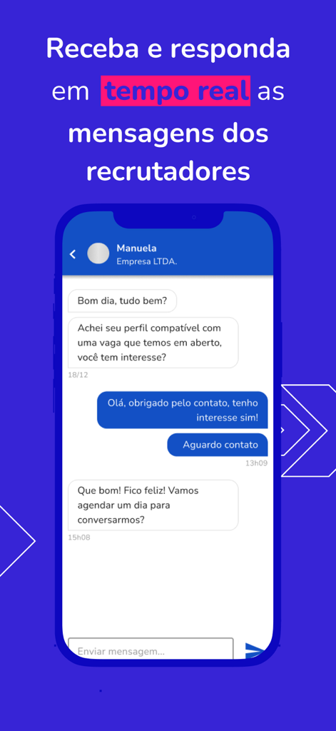 Interfaz de la aplicación Catho mostrando una conversación de chat en tiempo real con un reclutador