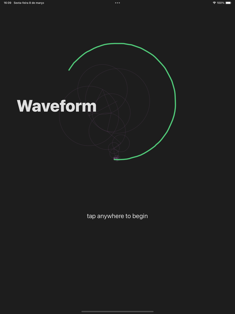 Waveform - Waveform app start screen featuring a circular Fourier Transform geometric visualization on a dark background