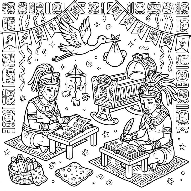Immerse yourself in a cultural celebration with this unique coloring page depicting Mayan scribes in a joyful baby shower setting. Discover intricate details of ancient art blended with heartwarming symbols of new life, perfect for a relaxing and educational activity.