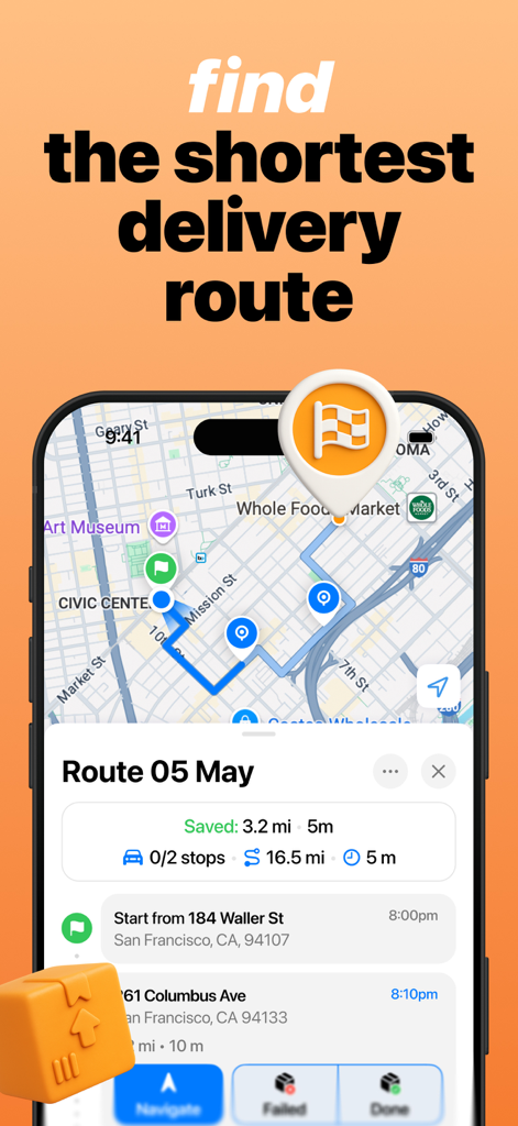 A mobile interface for the Routo app showing an optimized delivery route in San Francisco with distance and time savings
