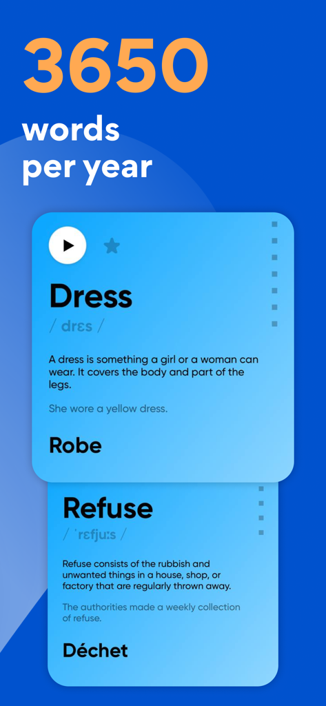 Lexis: Curso de Inglés - Interfaz de la aplicación Lexis mostrando tarjetas de vocabulario de inglés y un objetivo de aprendizaje de 3650 palabras por año