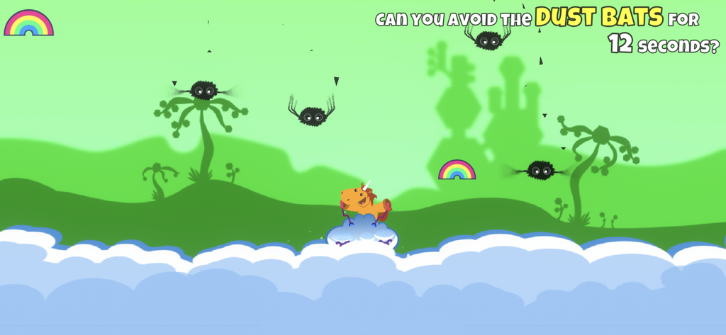 A unicorn character riding a cloud and avoiding black dust bats in the Unicorn Catch mobile game.