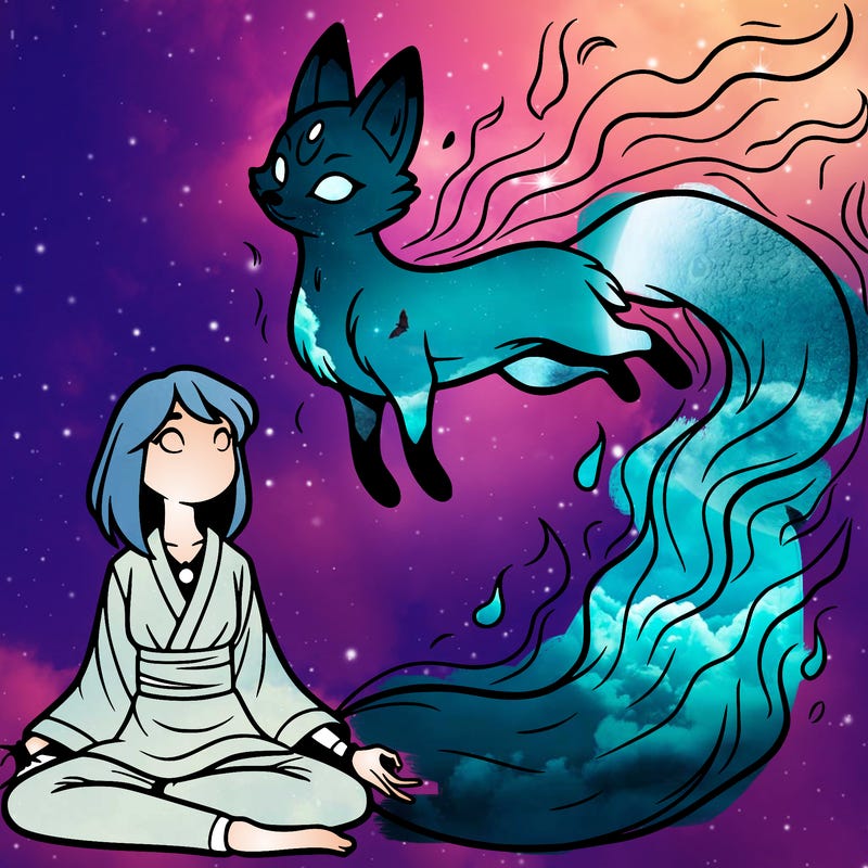 spirit fox floating above a sitting girl