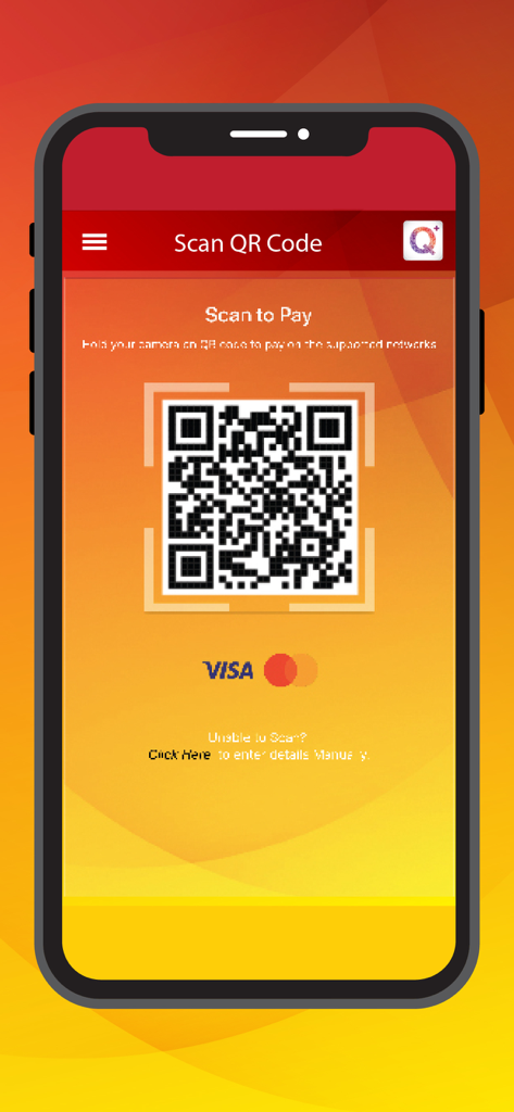 ComBank Q Plus mobile app screen showing a QR code scanner for Visa and MasterCard payments