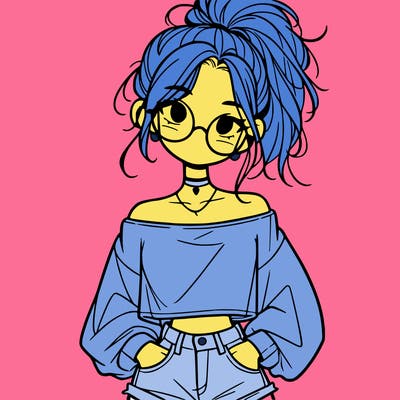 girl with a messy ponytail glasses a baggy crop top and jean shorts
