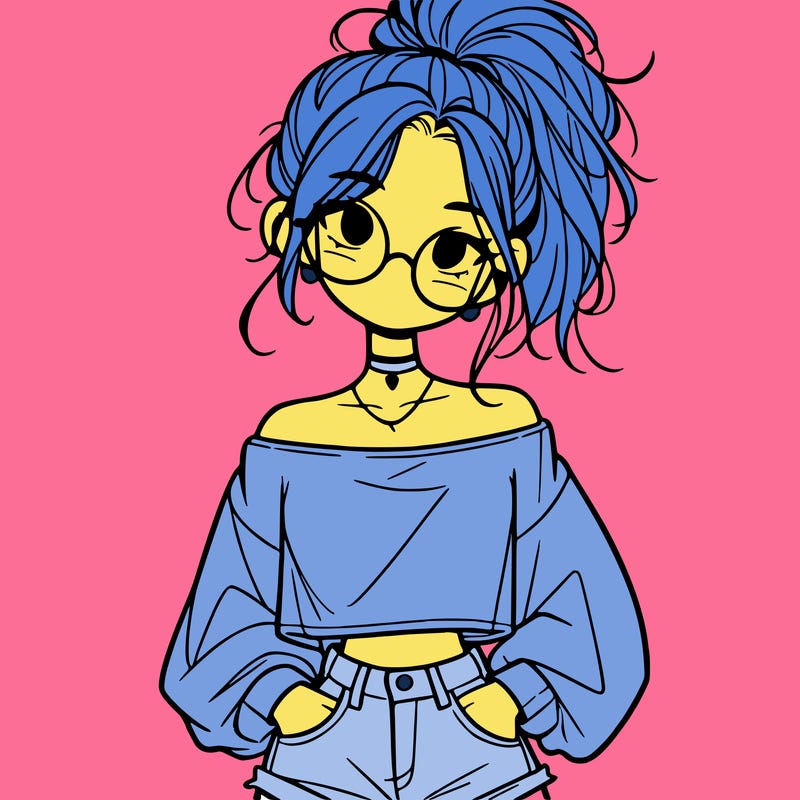girl with a messy ponytail glasses a baggy crop top and jean shorts