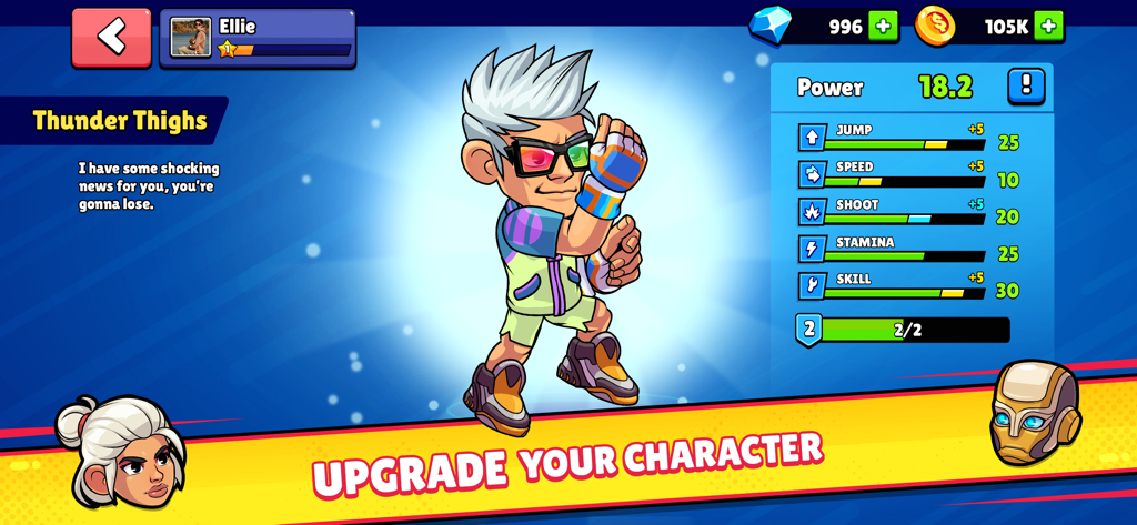 Volleyball Arena: Spike Hard - Character upgrade menu in Volleyball Arena showing player stats and customization for Thunder Thighs