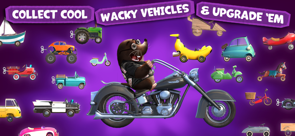 Pet Racing: Kids Go-Kart Game - A mole character on a motorcycle surrounded by various wacky vehicles like a banana car and a monster truck.