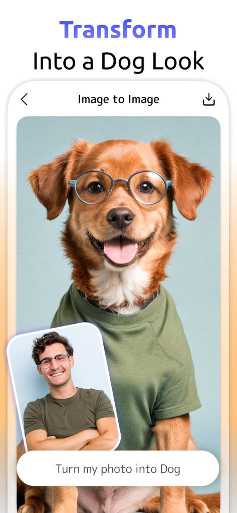 Eine mobile App-Oberfläche, die das Foto eines Mannes zeigt, der mit passender Brille und einem grünen Hemd mittels KI in einen Hund verwandelt wird.