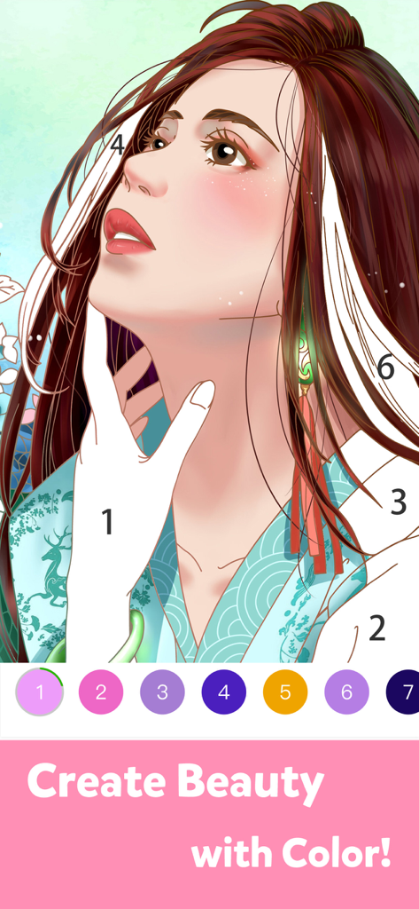 A woman portrait being colored using the color by number feature in the Color Master app.