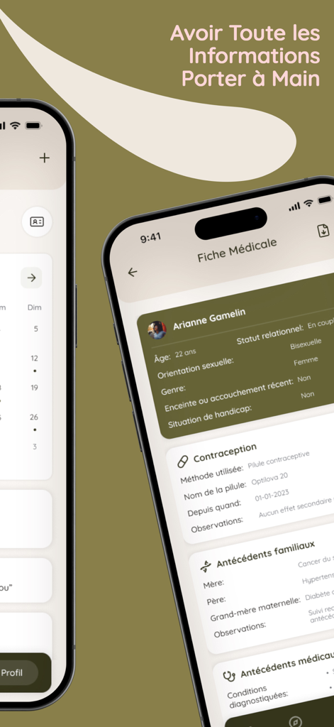 Gynette - Gynette app medical profile screen showing health history and contraception tracking