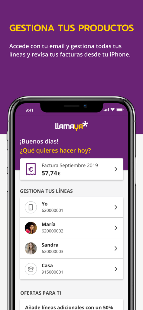 Llamaya app interface displaying mobile line management and bill details
