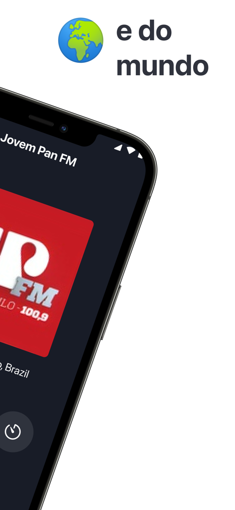 Rádio FM Brasil App Online - iPhone screen showing the Jovem Pan FM radio station playing on the Rádio FM Brasil app