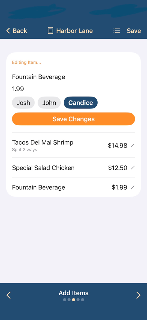 SplitCheck: Scan-Select-Split - Interface of SplitCheck app showing receipt items being assigned to individual guests for bill splitting.