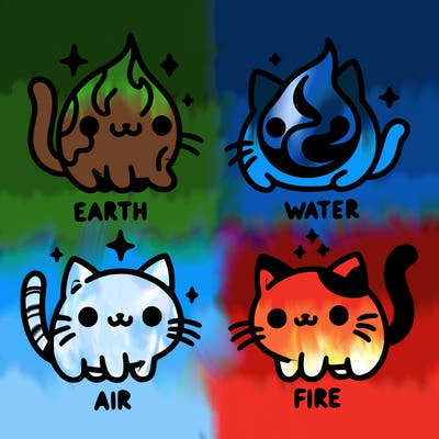 4 cats that represent the different elements, earth, water, air, and fire